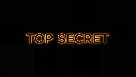 Top secret neon sign glowing orange-yellow halo on dark digital canvas