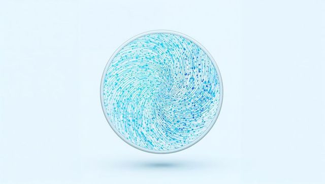 Floating glass disc with blue spiral vortex on pale cyan background