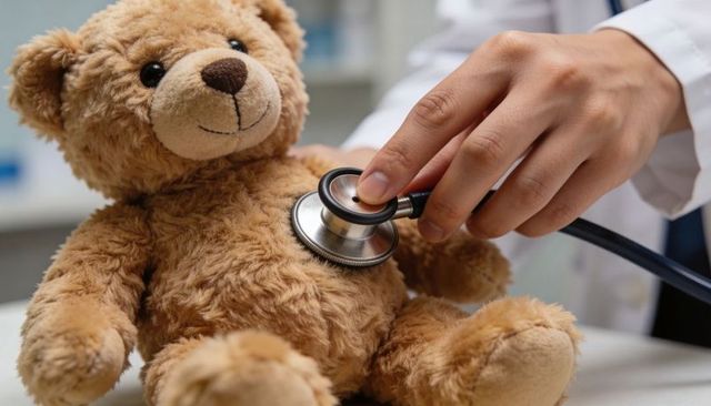Clinician listening to teddy bear with stethoscope on pediatric exam table