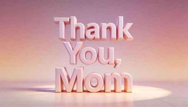 Glossy pearl 3d thank you, mom typography on pastel gradient spotlight minimalist
