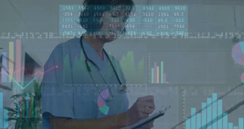 Healthcare Professional Analyzing Medical Data with Digital Graphics Overlay