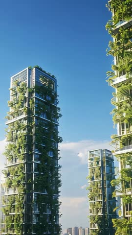 Vertical video panning right across green skyscraper towers with vertical gardens in city skyline