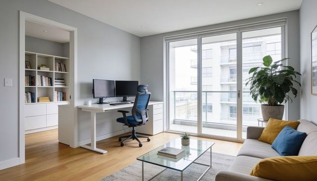 Sunlit modern apartment home office featuring standing desk, dual monitors and balcony