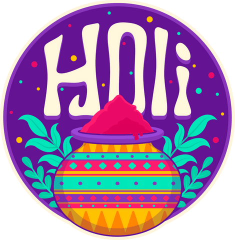 Vibrant holi festival emblem with pot of color, transparent vector design