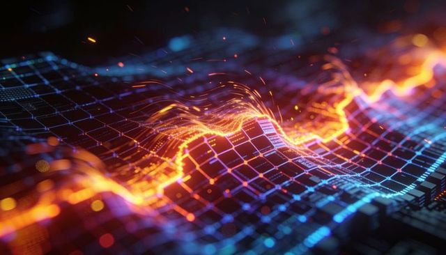 Streaming neon waveform flowing over circuit grid vibrant futuristic data visualization