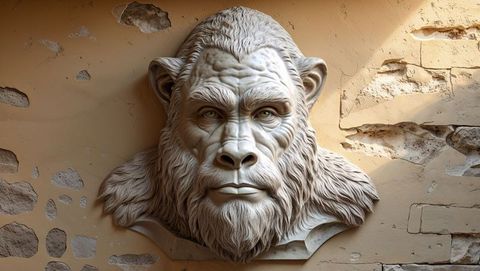 Intricate stone carving ape-like bust wall art installation