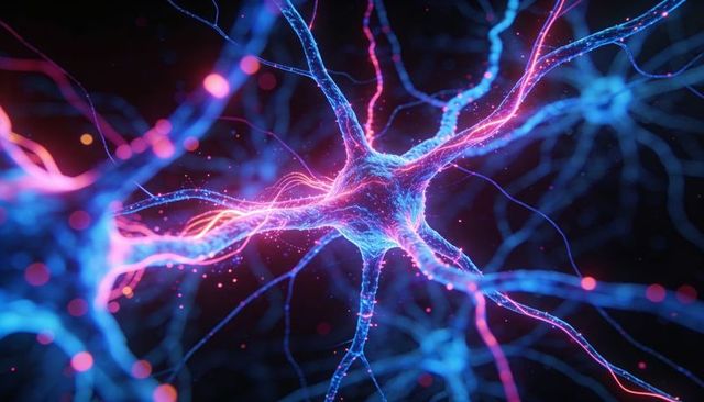 Pulsing central neuron sending electric signals through neon neural network filaments