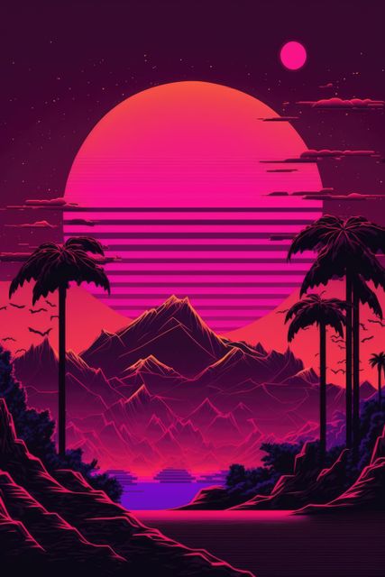 Digital artwork showcasing a surreal landscape with a stunning pink and purple sunset over a mountain range. Silhouetted palm trees frame the foreground, and a large sun with parallel stylized lines dominates the sky, with wispy clouds adding a dreamy effect. Great for use in creative projects, wall art, digital wallpaper, or topics related to futuristic design, nature, and abstract art.