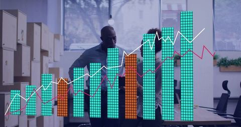 Business Data Growth Visualization Showing Colleagues Analyzing Bar and Line Charts