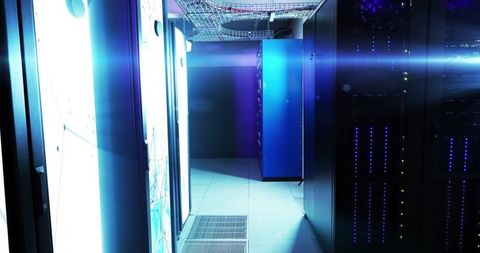 Futuristic glowing server room with data network