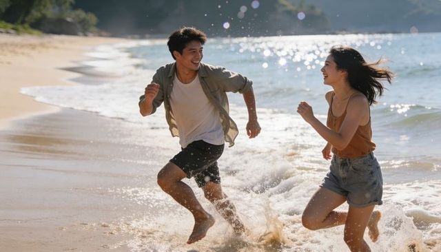 Asian couple running and laughing on sunlit beach, splashing in shallow waves