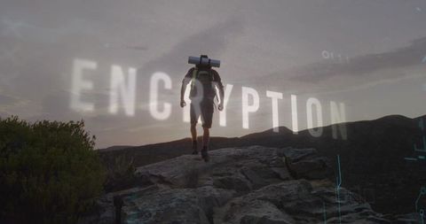 Solo hiker ascending rocky ridge at dusk with encryption hud overlay for data security