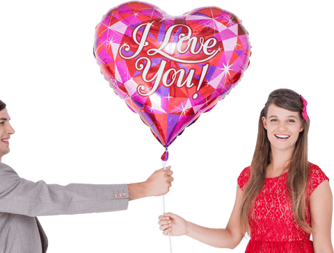 Smiling Couple Holding Heart-Shaped Balloon Transparent Background