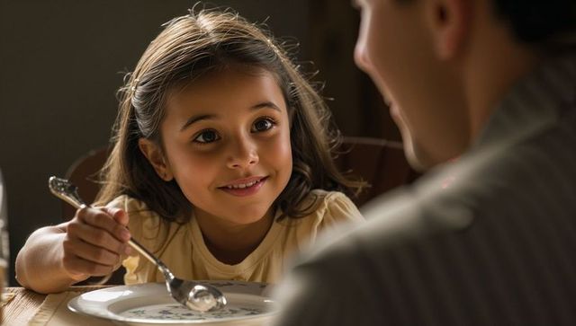 Young girl sharing warm mealtime moment with parent while making eye contact and smiling