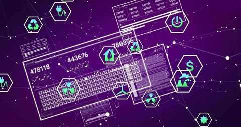 Futuristic digital interface with code and network icons