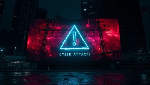 Neon cyber attack warning billboard flashing over rainy urban street nighttime dystopia