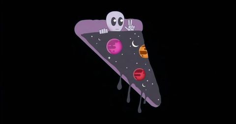 Alien on cosmic pizza slice with planets and stars