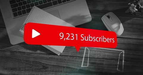 Red subscriber badge showing 9,231 subscribers over desaturated workspace with laptop
