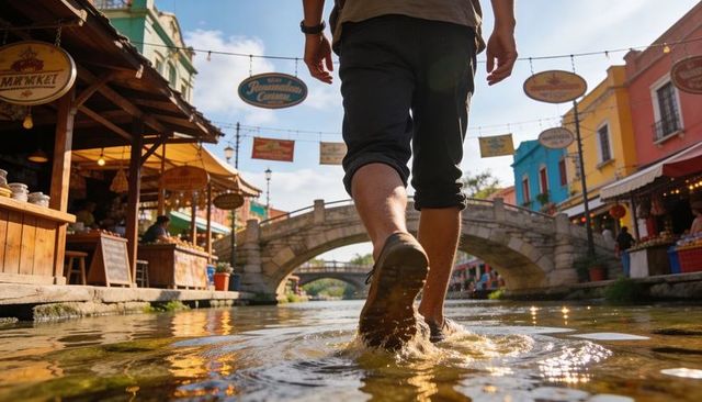 Wading traveler stepping through shallow canal toward stone bridge in vibrant market