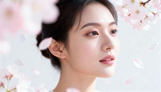 Serene asian woman with cherry blossoms soft pastel beauty portrait for skincare campaign