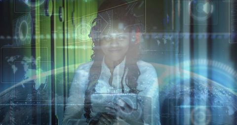 Operator using tablet with holographic interface in futuristic control room