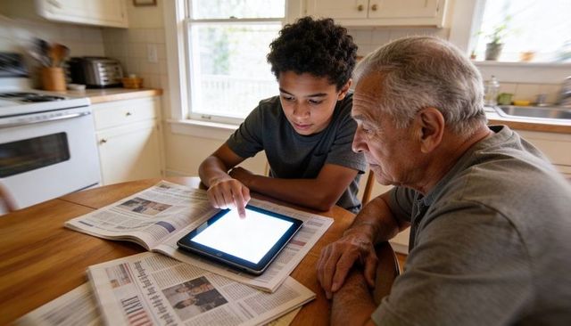 Teen guiding grandfather on tablet in sunny kitchen sharing digital skills and family bond