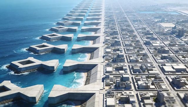 Futuristic pentagon breakwater modules creating protected bays along coastal city grid