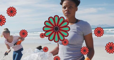 Volunteers Cleaning Beach Using Eco-Friendly Approach with Decorative Overlay