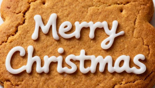 Close-up merry christmas iced gingerbread cookie with white script icing on golden biscuit