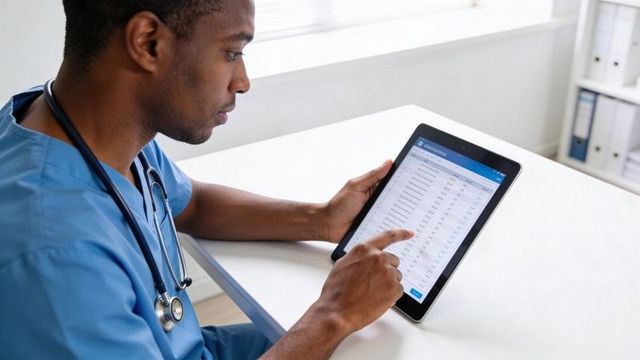 Doctor reviewing electronic patient data on tablet in clinic office for digital health