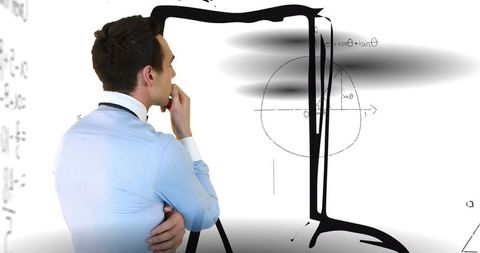 Businessman contemplating complex mathematical concepts