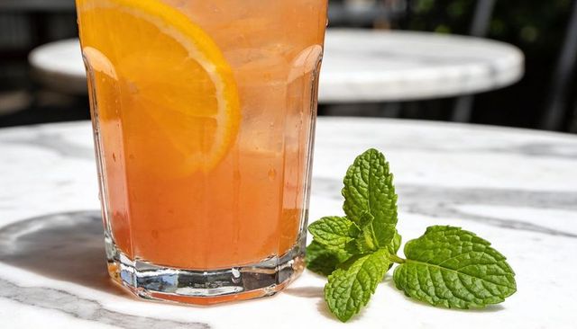 Refreshing pink lemonade in faceted highball glass with lemon wheel and mint on marble cafe table