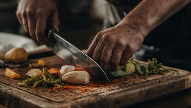 Close-up chef slicing mushrooms and vegetables on rustic wooden cutting board