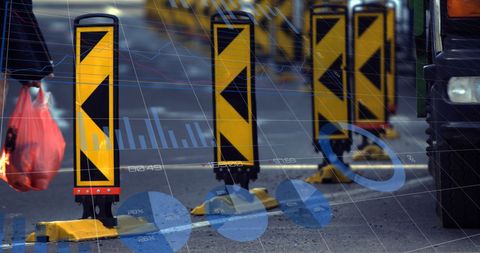 Urban traffic with digital data overlay on busy street