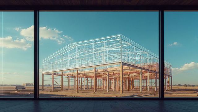 Architectural blueprint of steel beams viewed through panoramic glass