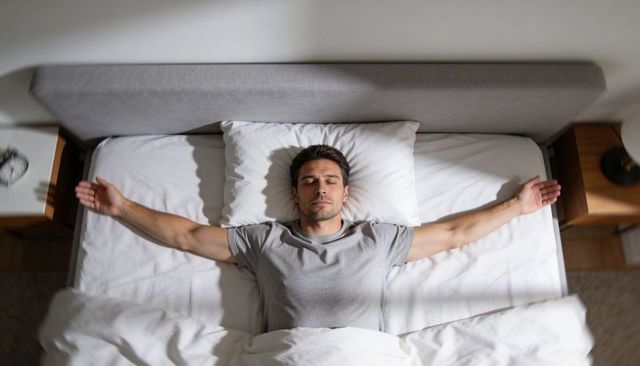 Man resting with arms outstretched on bed, morning relaxation, peaceful bedroom lifestyle
