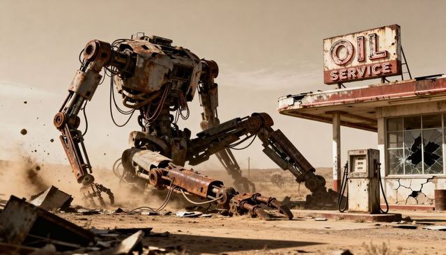 Kneeling rusted giant robot revealing exposed pistons and cables at desert gas station