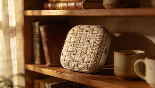 Woven bluetooth speaker sitting on rustic wooden bookshelf with leather books and mugs