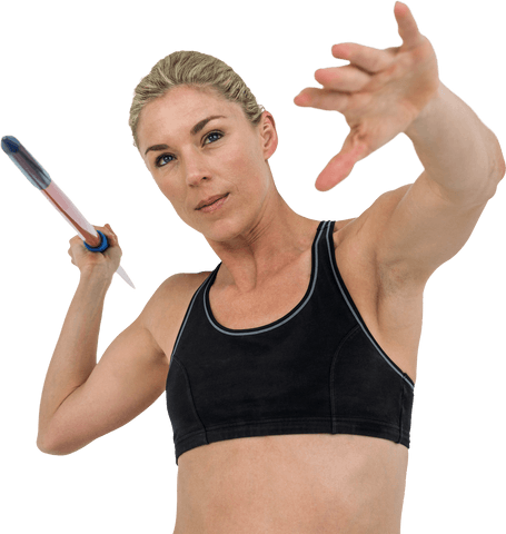 Transparent athlete preparing for javelin throw with focused gaze