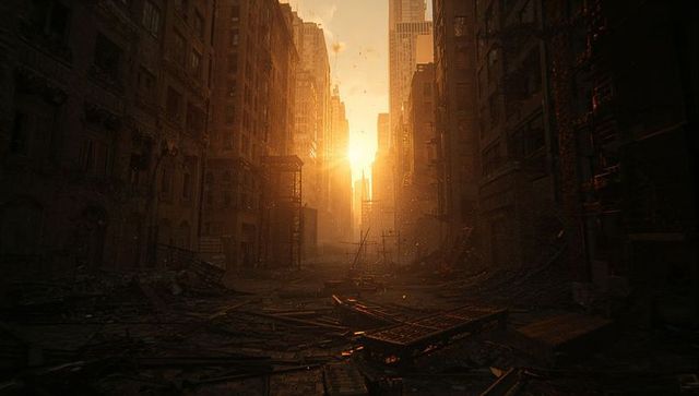 Sunset over abandoned urban dystopian street