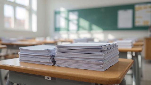 Organized paper stacks on classroom desks with bright natural light