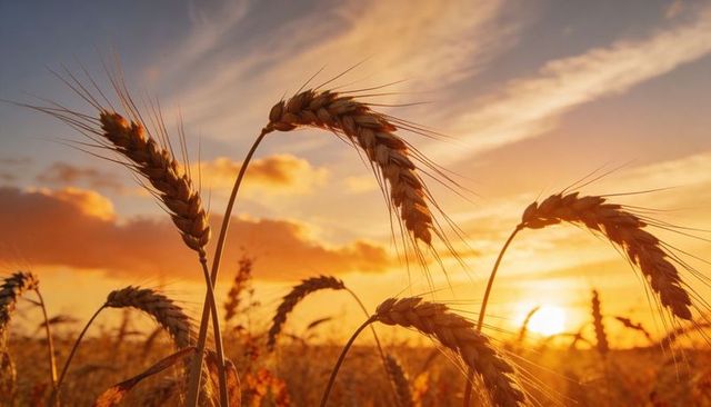 Golden wheat ears swaying in sunset light over ripe grain field, harvest concept