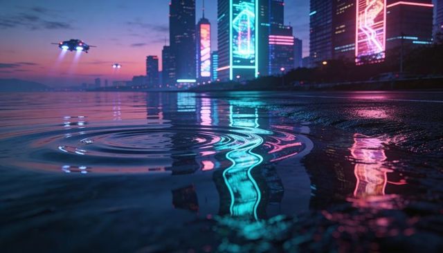 Cyberpunk skyline reflecting in rippling shoreline water with neon towers and drones