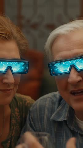 Senior Couple Wearing Blue AR Glasses Exploring Holograms on Couch | Vertical Tech Video