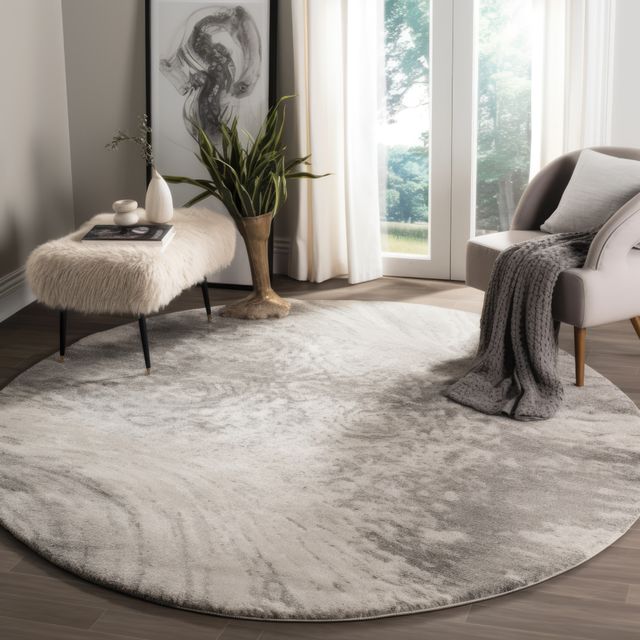 White and grey round rug on floor in living room, created using generative ai technology. House interior design, decorations and textile concept digitally generated image.