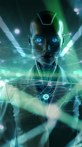 Humanoid Android Weaving Neon Network Nodes in Futuristic Vertical Tech Hub Video