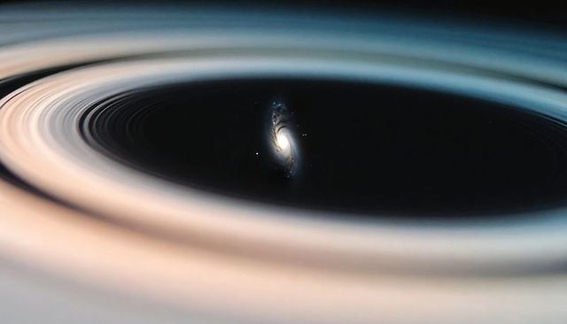 Spiral galaxy peeking through pastel planetary ring gap, cosmic ringed planet panorama