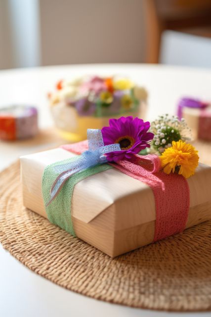 Close up of gift with ribbon and flowers, created using generative ai technology. Gift, present, giving and celebration concept digitally generated image.