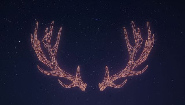 Neon wireframe antlers over starfield — symmetrical glowing geometry for futuristic design