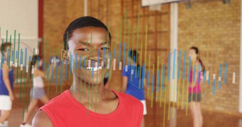 Smiling Teenager Engaged in School Volleyball Practice with Fitness Graph Overlay